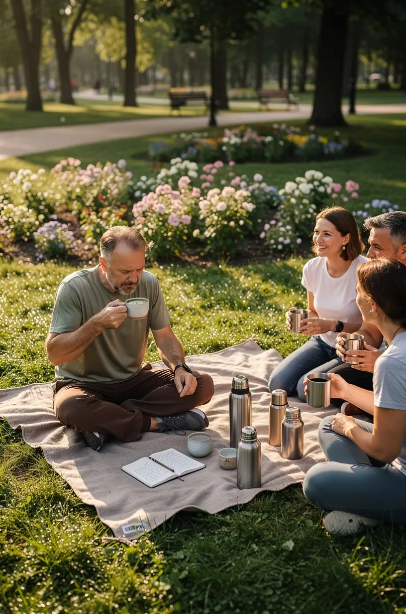 Žmogus, meditacinėje pozoje su arbatos puodeliu šalia, simbolizuojantis sąmoningą poilsį.