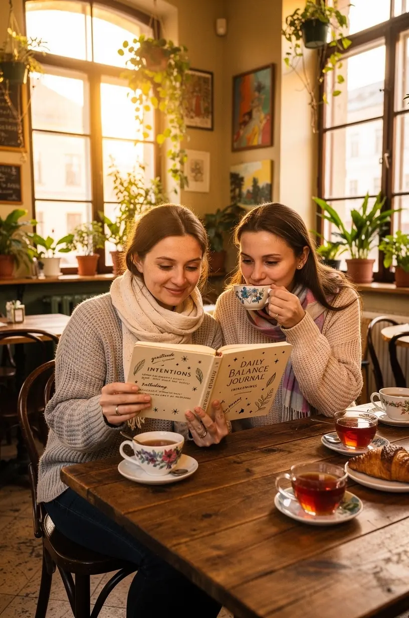 Atviras dienoraštis su ranka rašančiu žmogumi, perteikiantis kasdienio balanso įrašų svarbą.