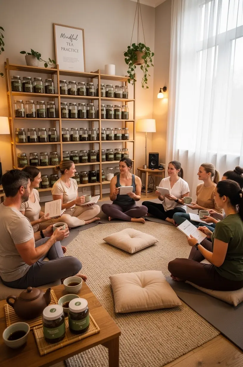 Žmonės daro pertrauką su arbata biuro aplinkoje, demonstruojantys sąmoningas įpročių praktikas.